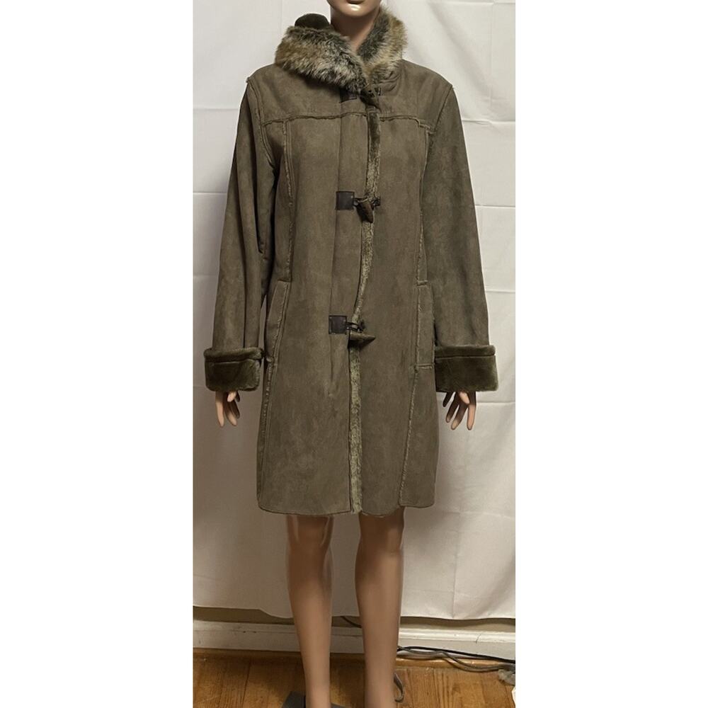 Vintage Oleg Cassini Coat Womens Green Faux Fur Trim USA Old Money Chic M